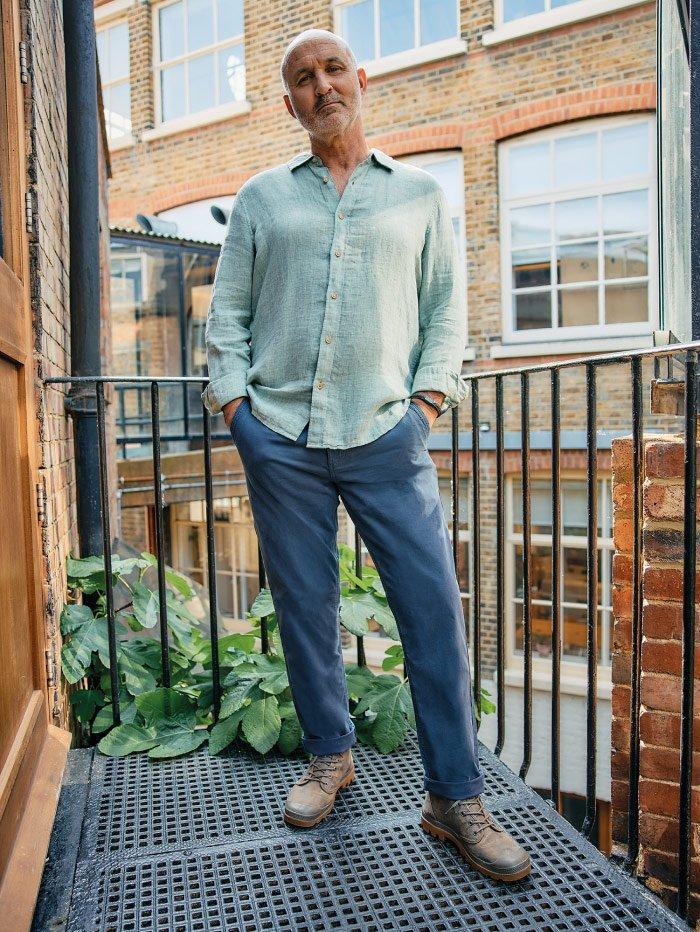 man in linen shirt and jeans